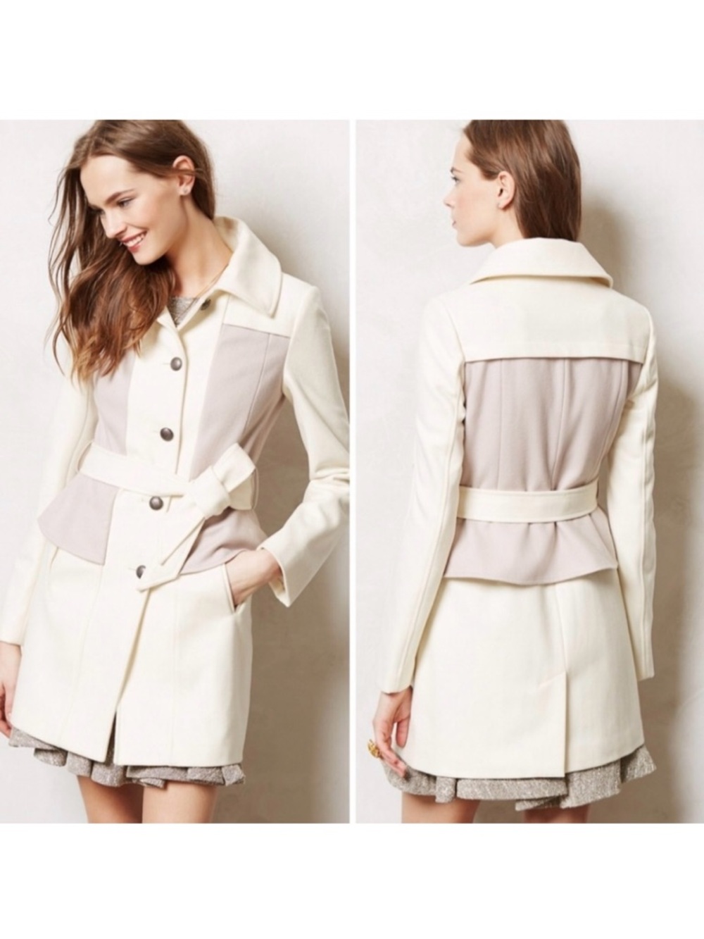 Anthropologie Elevenses Trench Coat 4 Ivory Colette Parisian Wool Blend Belted